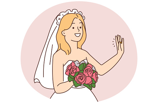 Smiling young woman in bridal dress and bouquet waving hand saying hello. Happy bride enjoy wedding ceremony. Marriage and engagement. Vector illustration.