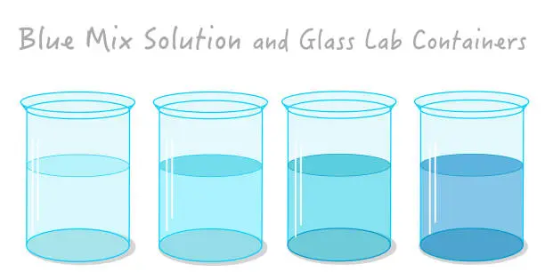 Vector illustration of Stages the blue solution liquid in the lab container. Light to dark blue color fluid gradient transition in flask. Transparent, shiny lab glassware. Chemistry illustration Vector