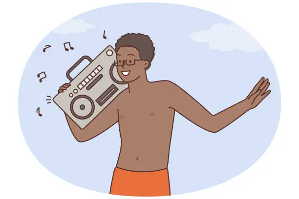 Vector illustration of Happy black man enjoy music on stereo