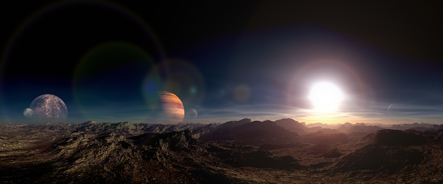Digitally generated panoramic image depicting a barren, alien planet (another world), with a terrain shaped by mighty storms. \n\nThe scene was rendered with photorealistic shaders and lighting in Autodesk® 3ds Max 2024 with V-Ray 6 with some post-production added.