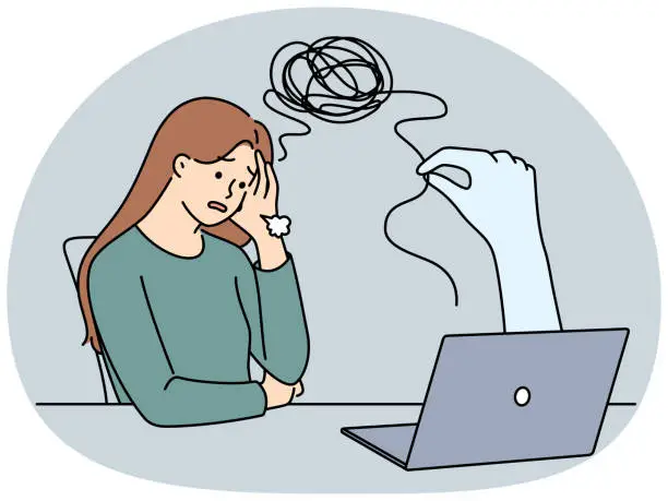 Vector illustration of Unhappy woman have online session with psychotherapist