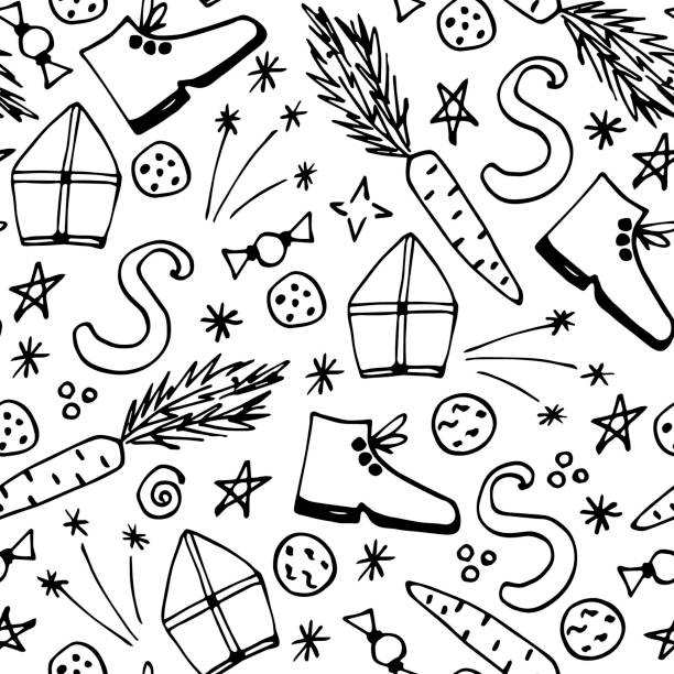 stockillustraties, clipart, cartoons en iconen met simple hand drawn vector seamless pattern in doodle style. for prints of wrapping paper, gift box. celebration of st. nicholas day, sinterklaas. ink sketch. - pepernoten