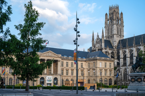 Rouen, France - July 1, 2023: The City Hall of Rouen next to the  abbey church of Saint-Ouen.