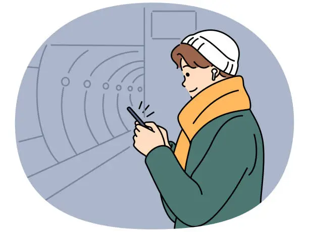 Vector illustration of Young man with cellphone waiting for metro