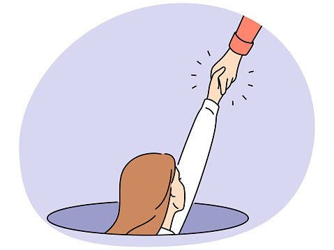 Person give helping hand for stressed woman in hatch. Friend or colleague help distressed female in hole. Concept of support and assistance. Vector illustration.