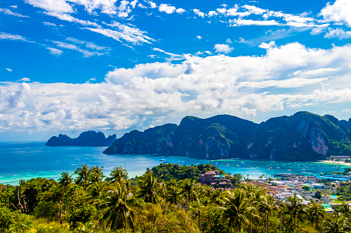 Beautiful famous awesome beach lagoon panorama view between limestone rocks and turquoise water on Koh Phi Phi Don island in Ao Nang Amphoe Mueang Krabi Thailand in Southeast Asia.