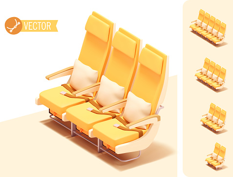 Vector isometric airplane seats set. Economy or premium economy class seats. Aircraft interior. Seats set for passenger cabin plan