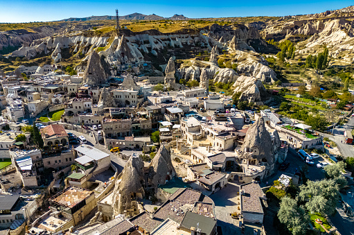 Aerial view of Goreme in Nevsehir Province in Cappadocia, Turkey.