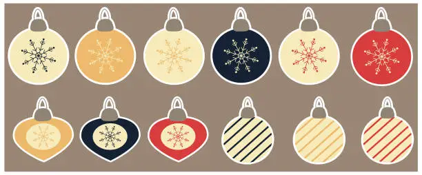 Vector illustration of Vector clipart with Christmas balls, ornaments and snowflakes. Christmas bubbles stickers set