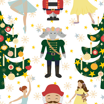 Nutcracker seamless pattern with Christmas tree, ballerinas, mouse king