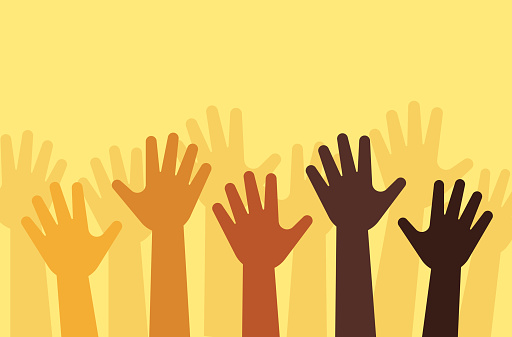 Hands raised diversity inclusion people arms up design element volunteering background.