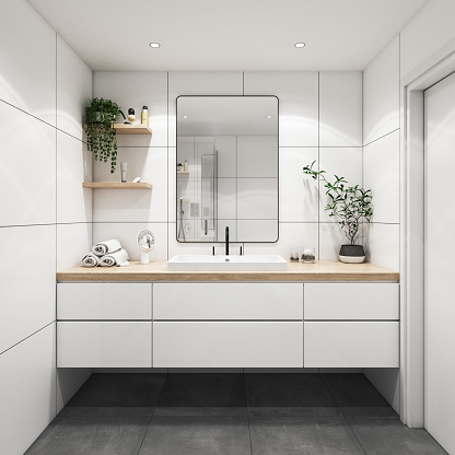 Modern minimalist bathroom. Render image.