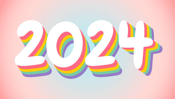 New year postcard 2024 in retro style vector art illustration