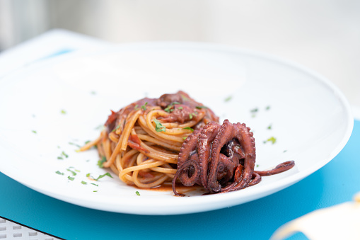 Bronze drawn pasta from Gragnano, spaghetti with octopus and piennolo tomatoes