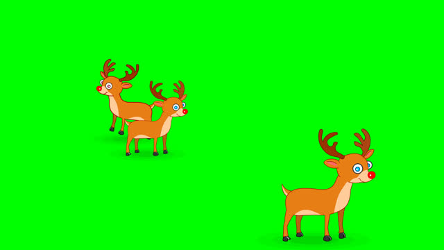 Deers group jumping. Santa rein, merry Christmas, Happy new year video. Herd of deer running. Cycle, loop cartoon animal character animation. Transparent, green screen background. Animation footage