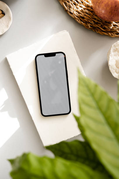 Blank path screen mobile phone with mockup copy space on neutral grey background with shadows.
