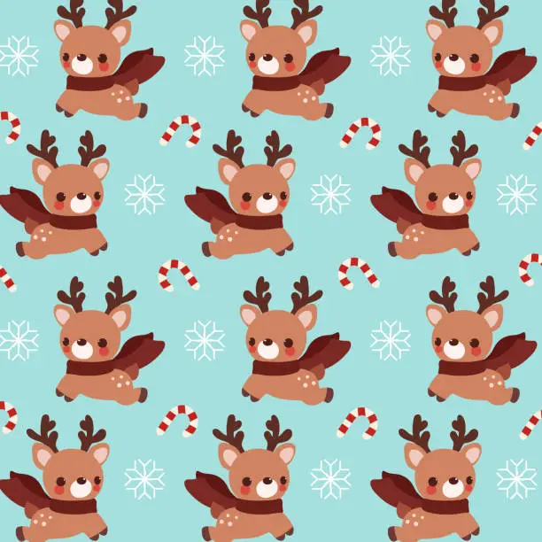 Vector illustration of Cute Reindeer Snowflake Candy Cane Seamless Pattern.