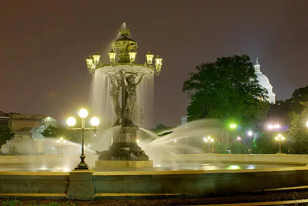 Night at the Bartholdi Fountain with the Capitol in the background, Washington, DC