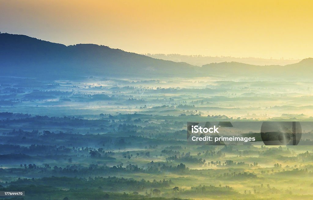 Hermoso amanecer en misty mañana a las montañas. - Foto de stock de Ajardinado libre de derechos