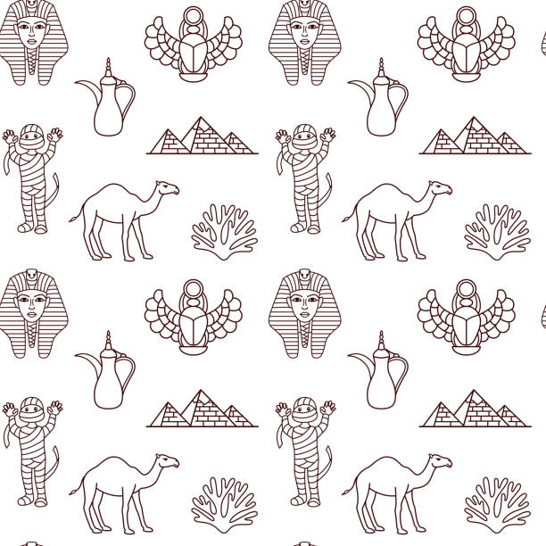векторный бесшовный узор с египетскими достопримечательностями и иконками. - egypt pyramid cairo camel stock illustrations