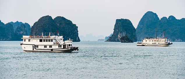 Ha Long Bay, Quang Ninh, Vietnam - October 30, 2019: A Floating Village and Fisher of the Halong Bay in Vietnam