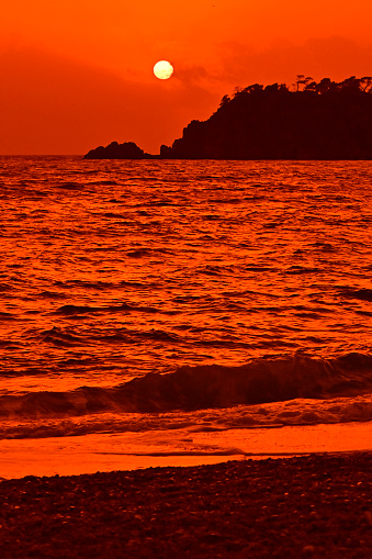 Sunset at sea. Orange sunset.