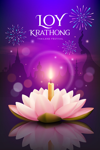 Loy krathong festival thailand, white and pink lotus flower candle, fireworks at night poster design purple background, eps10 vector illustration