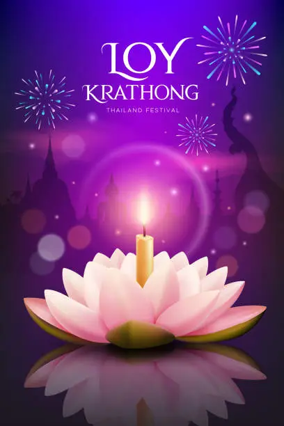 Vector illustration of Loy krathong festival thailand, white and pink lotus flower candle, fireworks at night poster design purple background