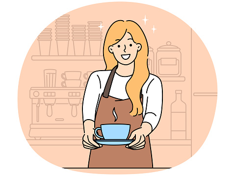 Smiling waitress in apron offer warm coffee in cafe. Happy woman barista holding hot cappuccino in cup for client in coffeshop. Good service. Vector illustration.