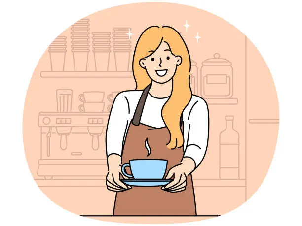 Vector illustration of Smiling barista offer coffee in cafe