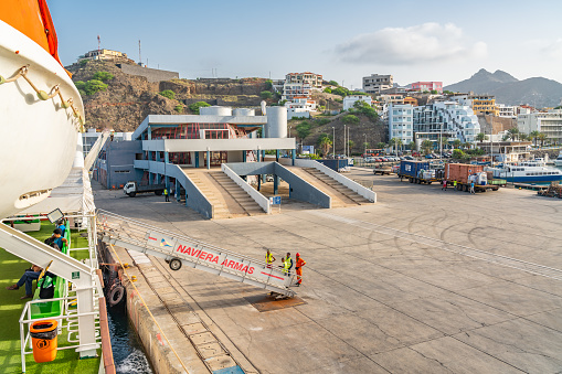 Sao Vicente , Cabo Verde - October 09.2023: Harbour of Mindelo with town view on Sao Vicente island