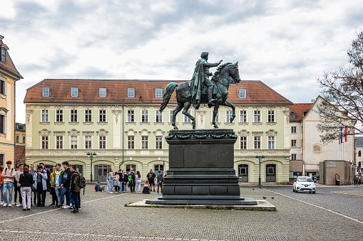 Weimar, Germany - May 10, 2023: Place of Democracy in city of Weimar in Germany. Equestrian sculpture of Carl August - Duke of Saxe-Weimar-Eisenach