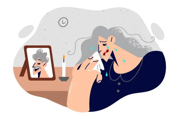 Vector illustration of Widow woman is crying standing near portrait of deceased husband and wiping tears from face