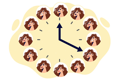 Wall clock with woman face and various moods on digital board, for concept of stress and depression during working hours. Clock showing time and changes in girls mood at different times of day