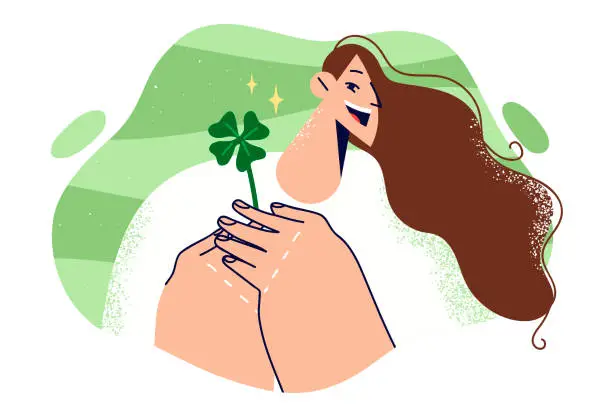 Vector illustration of Woman holds four-leaf clover petal and rejoices at approaching holiday of St. Patrick day