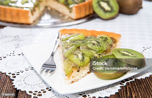 Kiwi Tart On Wooden Background Stock Photo - Download Image Now - Baked, Baked Pastry Item, Cake