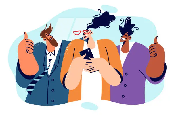 Vector illustration of Partners support businesswoman with phone and show thumbs up as sign of solidarity