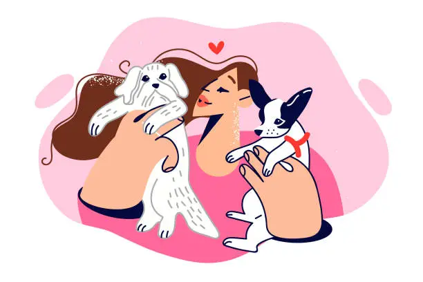 Vector illustration of Woman plays with two puppies, showing love and care for small dogs adopted from shelter