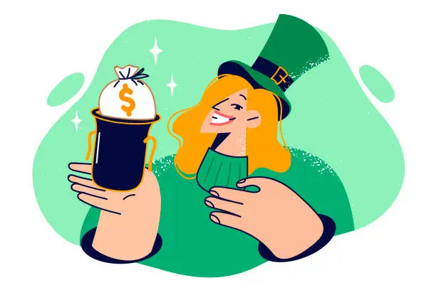 Vector illustration of Woman in green suit in honor of St. Patricks day holiday shows bowler hat with bag of money