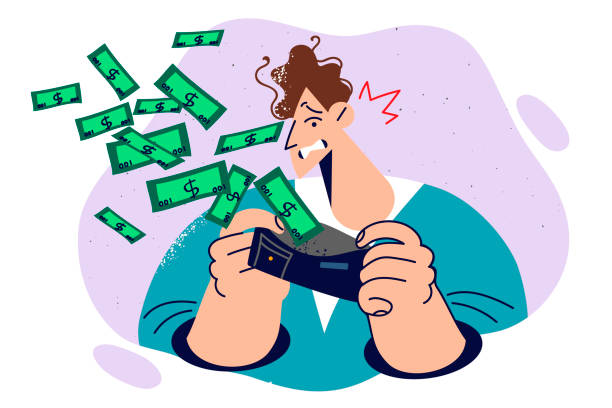 ilustrações de stock, clip art, desenhos animados e ícones de man looks in wallet with money flying out and cannot control expenses due to lack financial literacy - tax poverty men currency