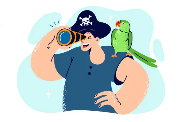 Vector illustration of Little boy in pirate hat looks through spyglass and holds parrot on shoulder, dreaming of sea voyage