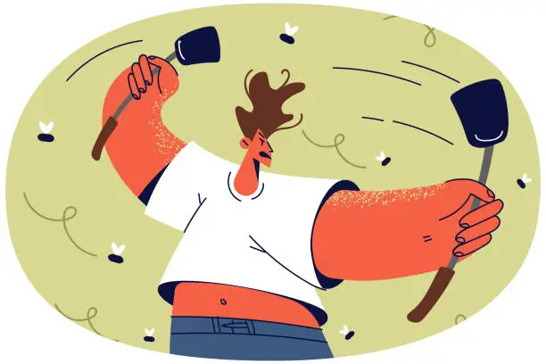 Vector illustration of Unhappy man with fly swatters fight with bugs