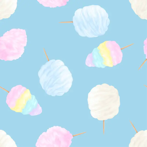 Vector illustration of Colorful cotton candy on blue background. Sweets seamless pattern. Vector cartoon illustration.