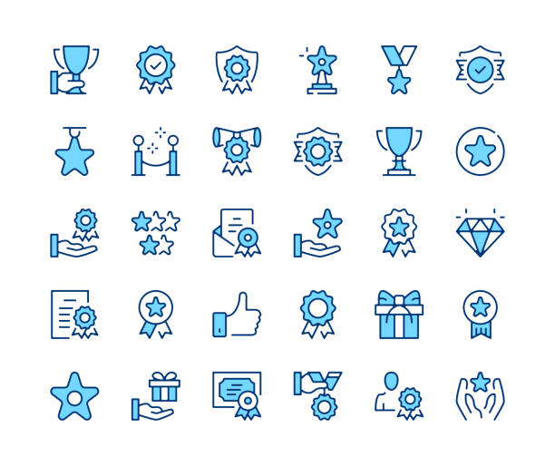 Awards icons set. Vector line icons. Blue color outline stroke symbols. Modern concepts - ilustração de arte vetorial