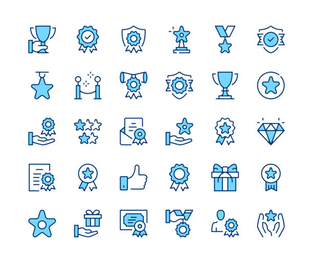 Awards icons set. Vector line icons. Blue color outline stroke symbols. Modern concepts vector art illustration