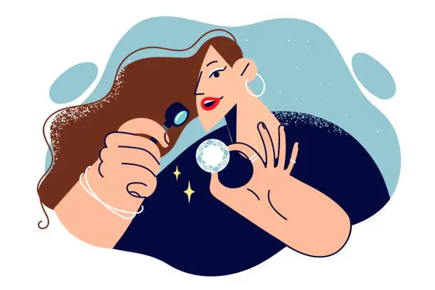 Vector illustration of Woman examines diamond through magnifying glass, checking gemstone for authenticity or defectiveness