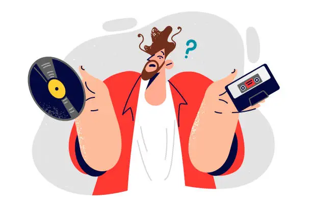 Vector illustration of Hipster man holds vinyl record and tape player cassette trying to make choice between analog media