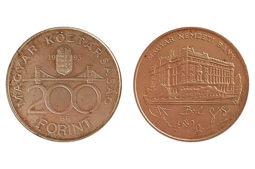 200 Forint 1993 National Bank. Coin of Hungary. Obverse Erzsebet Bridge, crowned shield divides date above. Reverse The building of the Hungarian National Bank, three signatures below