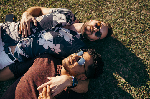 High angle view of an affectionate gay couple smiling while lying together outside on some grass in a park in summer