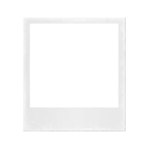 Vector illustration of Empty white polaroid photo frame with scratches, old photo card film analog frame mockup - stock vector